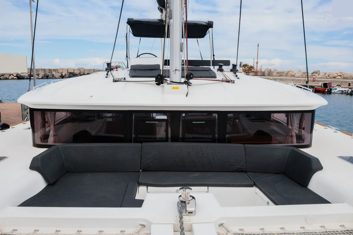 Deck of Carmela, a Lagoon 450 Fly catamaran at Sant Antoni de Portmany, Spain