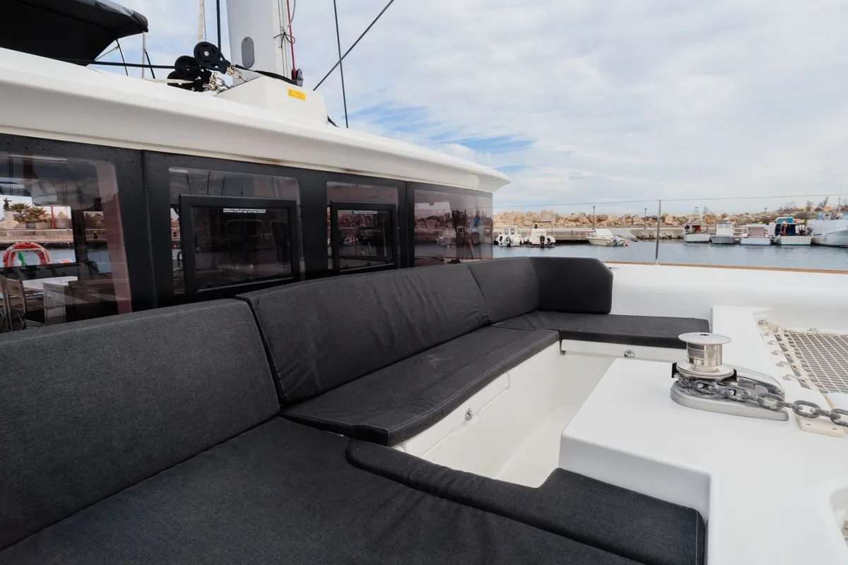 Deck of Carmela, a Lagoon 450 Fly catamaran at Sant Antoni de Portmany, Spain