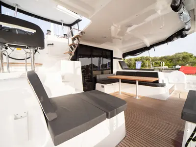 Deck of Cassatina, a Lagoon 42 catamaran at Olbia, Italy