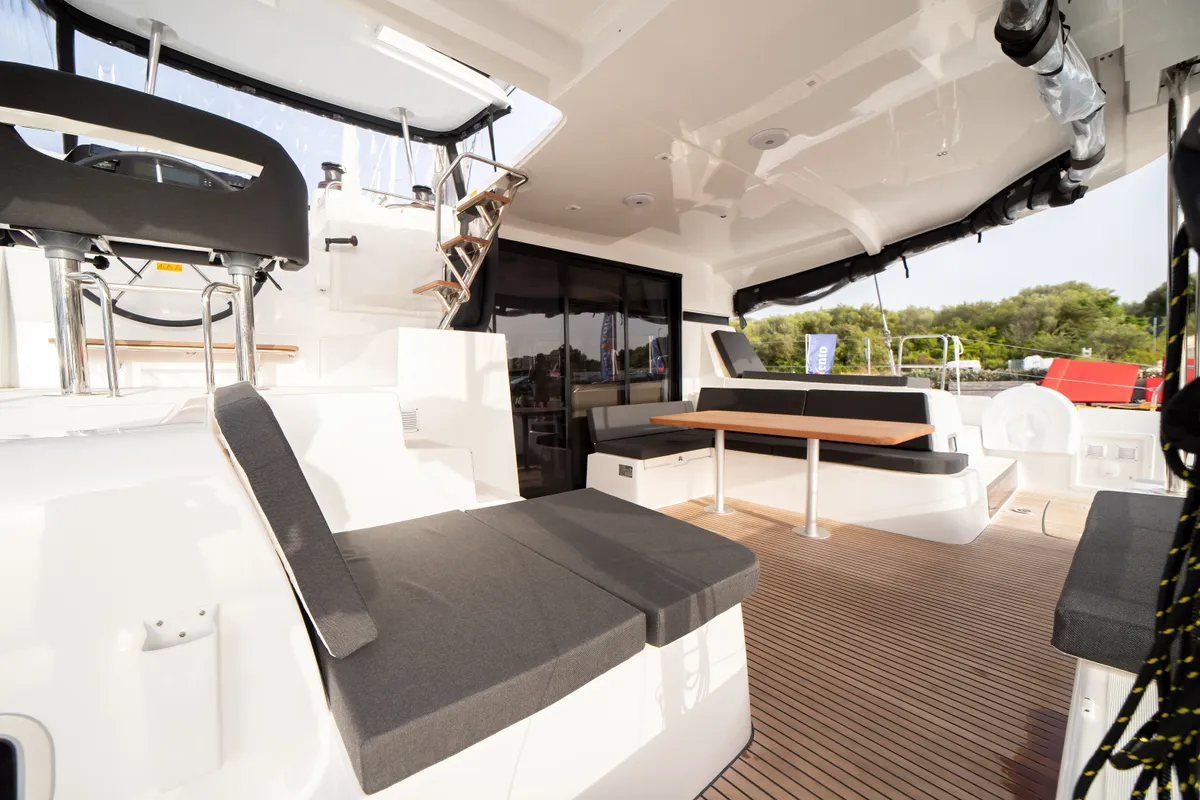 Deck of Cassatina, a Lagoon 42 catamaran at Olbia, Italy