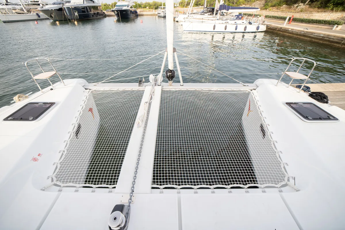 Deck of Cassatina, a Lagoon 42 catamaran at Olbia, Italy