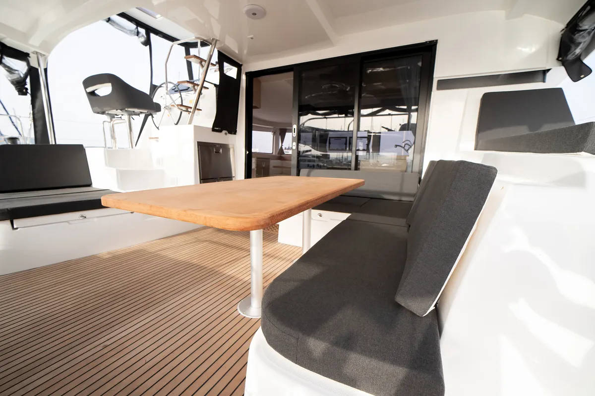 Deck of Cassatina, a Lagoon 42 catamaran at Olbia, Italy