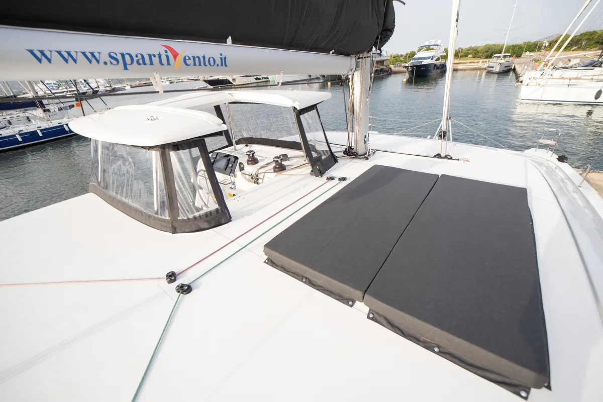 Deck of Cassatina, a Lagoon 42 catamaran at Olbia, Italy