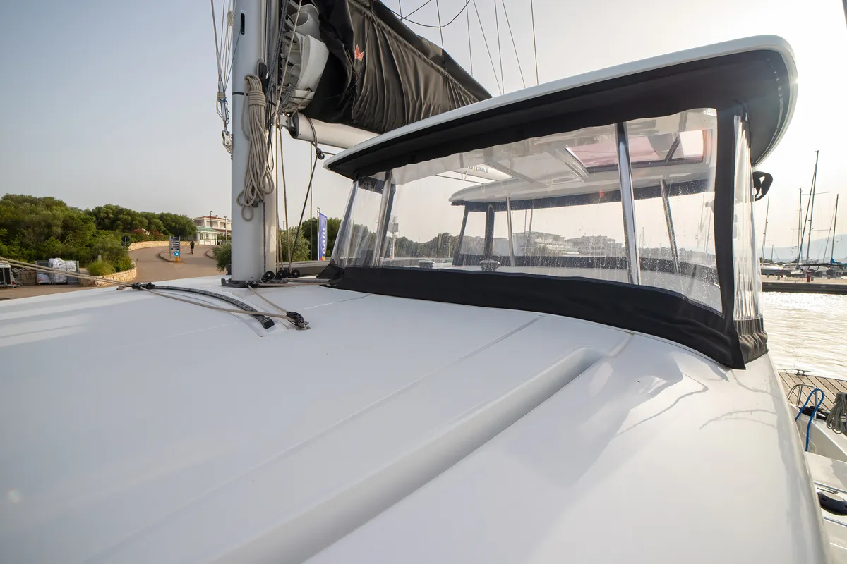 Exterior view of Cassatina, a Lagoon 42 catamaran at Olbia, Italy