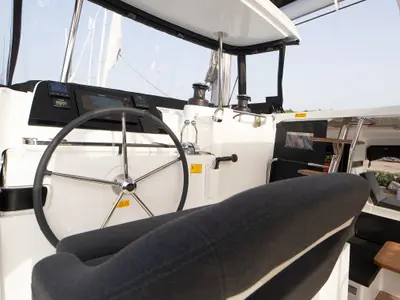 Cockpit of Cassatina, a Lagoon 42 catamaran at Olbia, Italy