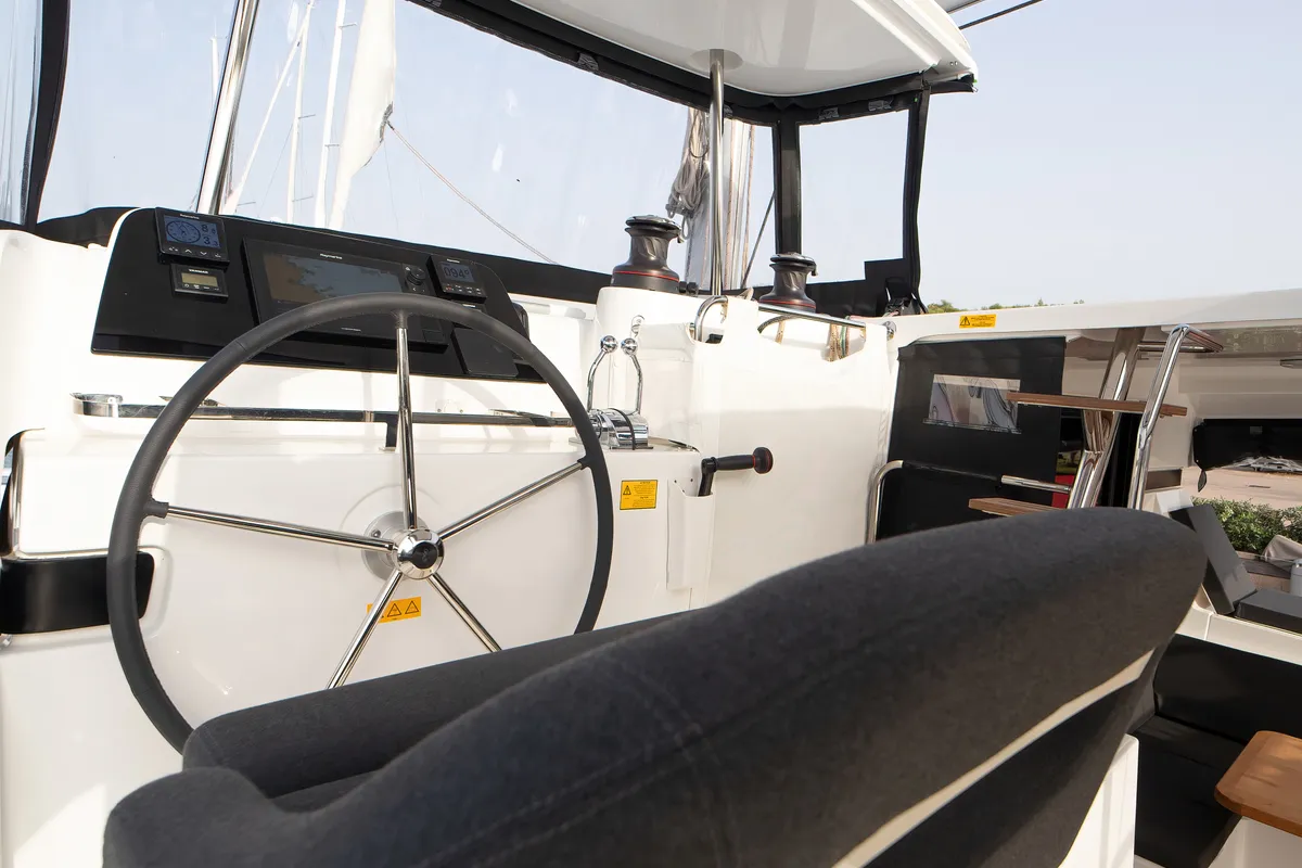 Cockpit of Cassatina, a Lagoon 42 catamaran at Olbia, Italy