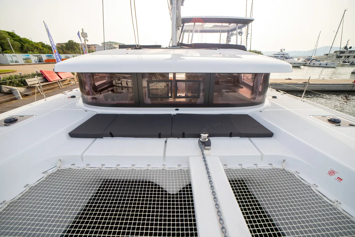 Exterior view of Cassatina, a Lagoon 42 catamaran at Olbia, Italy