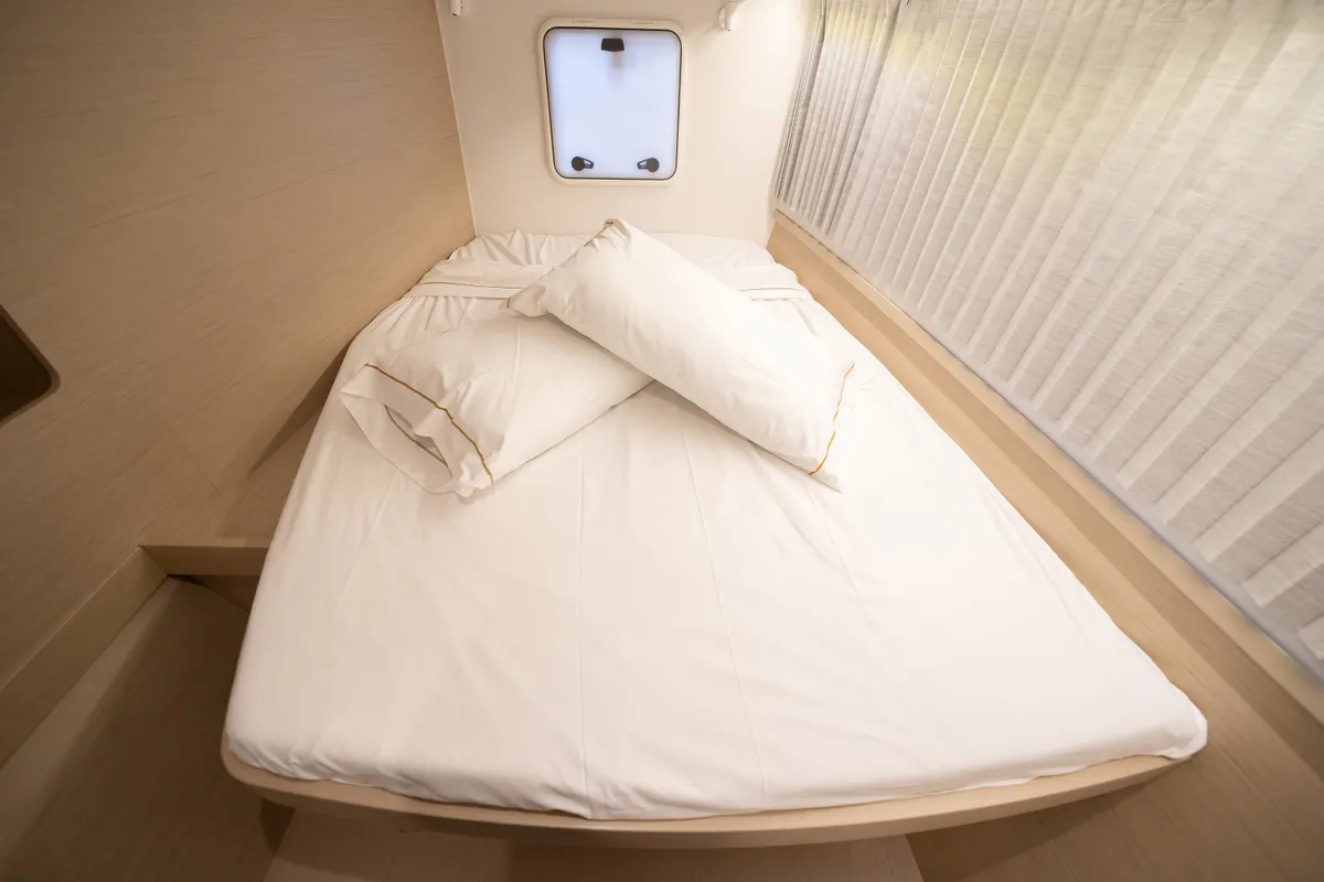 Cabin on Cassatina, a Lagoon 42 catamaran at Olbia, Italy