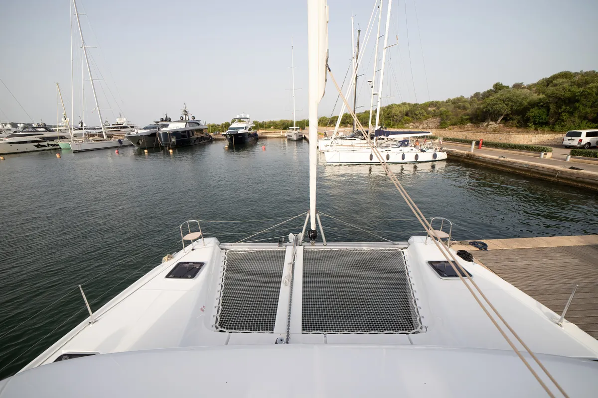 Exterior view of Cassatina, a Lagoon 42 catamaran at Olbia, Italy