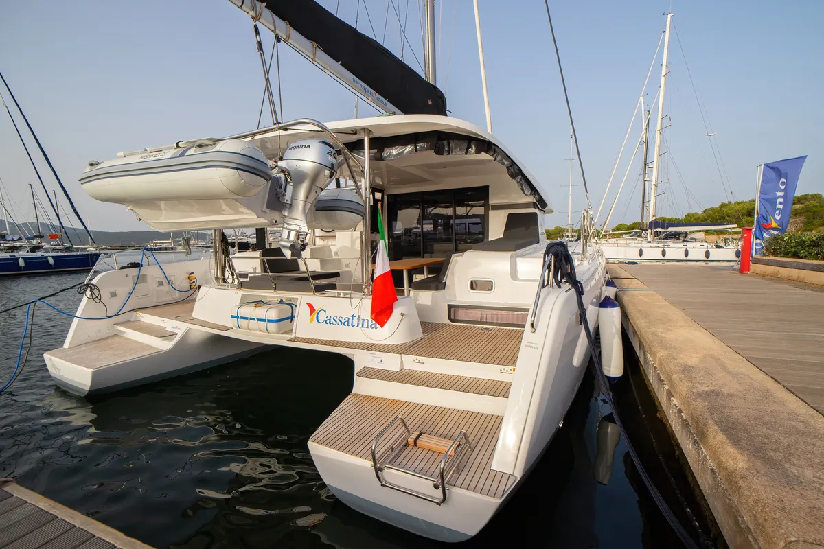 Exterior view of Cassatina, a Lagoon 42 catamaran at Olbia, Italy