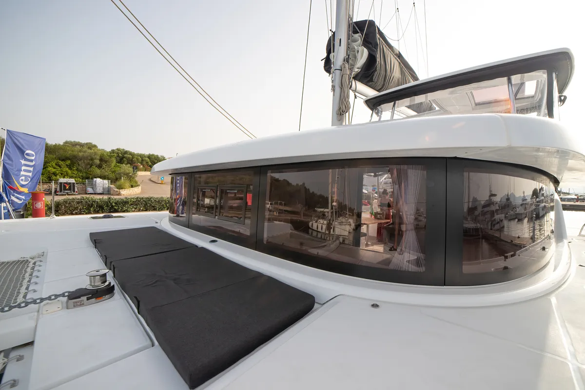 Exterior view of Cassatina, a Lagoon 42 catamaran at Olbia, Italy