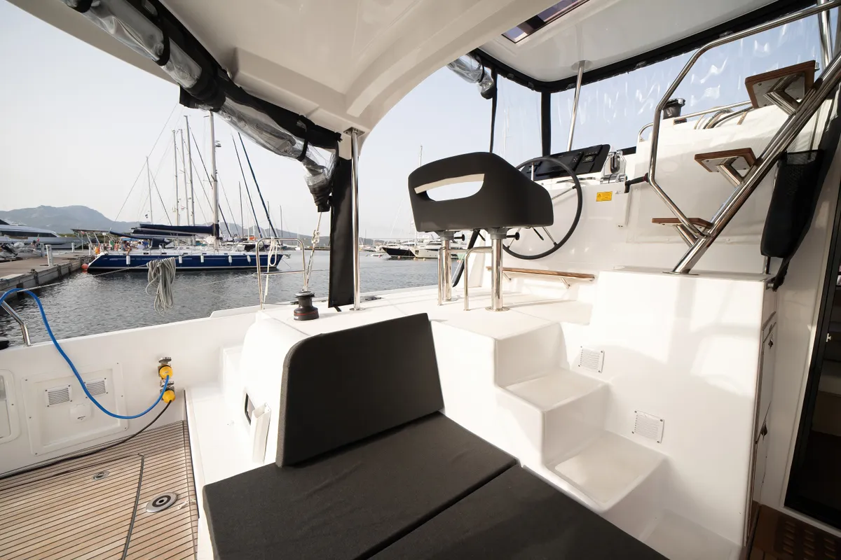 Cockpit of Cassatina, a Lagoon 42 catamaran at Olbia, Italy