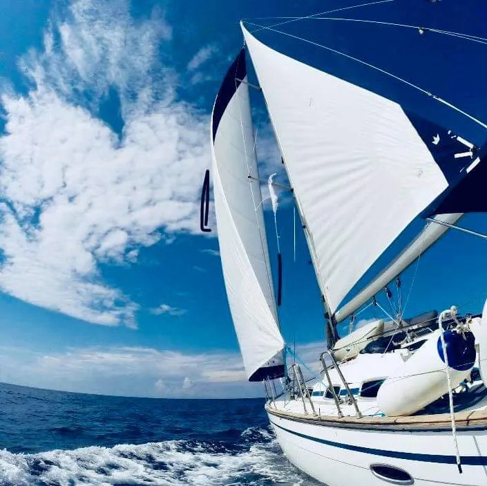 Exterior view of Chronos, a Bavaria 46 sailboat at Port of Avdira, Greece