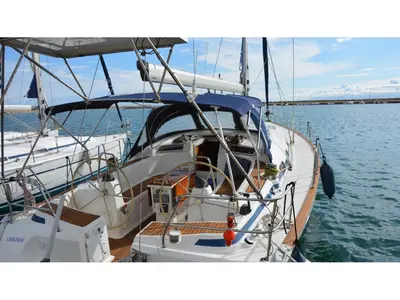 Deck of Chronos, a Bavaria 46 sailboat at Port of Avdira, Greece