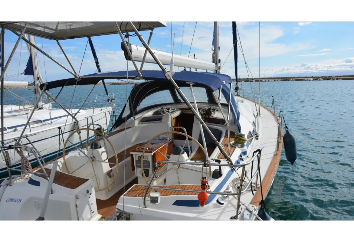 Deck of Chronos, a Bavaria 46 sailboat at Port of Avdira, Greece