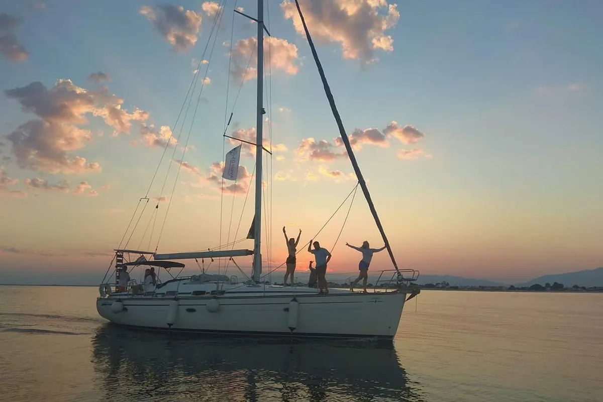 Exterior view of Chronos, a Bavaria 46 sailboat at Port of Avdira, Greece