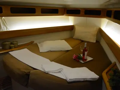 Cabin on Chronos, a Bavaria 46 sailboat at Port of Avdira, Greece
