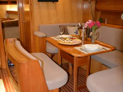 Salon of Chronos, a Bavaria 46 sailboat at Port of Avdira, Greece