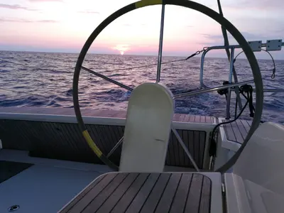 Cockpit of Tuerredda, a Bavaria Cruiser 46 sailboat at Olbia, Italy