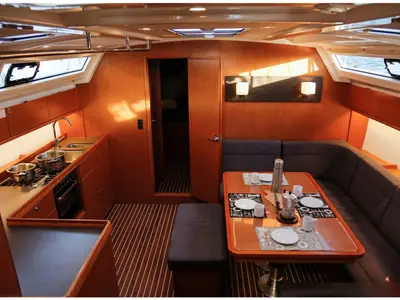 Salon of Tuerredda, a Bavaria Cruiser 46 sailboat at Olbia, Italy