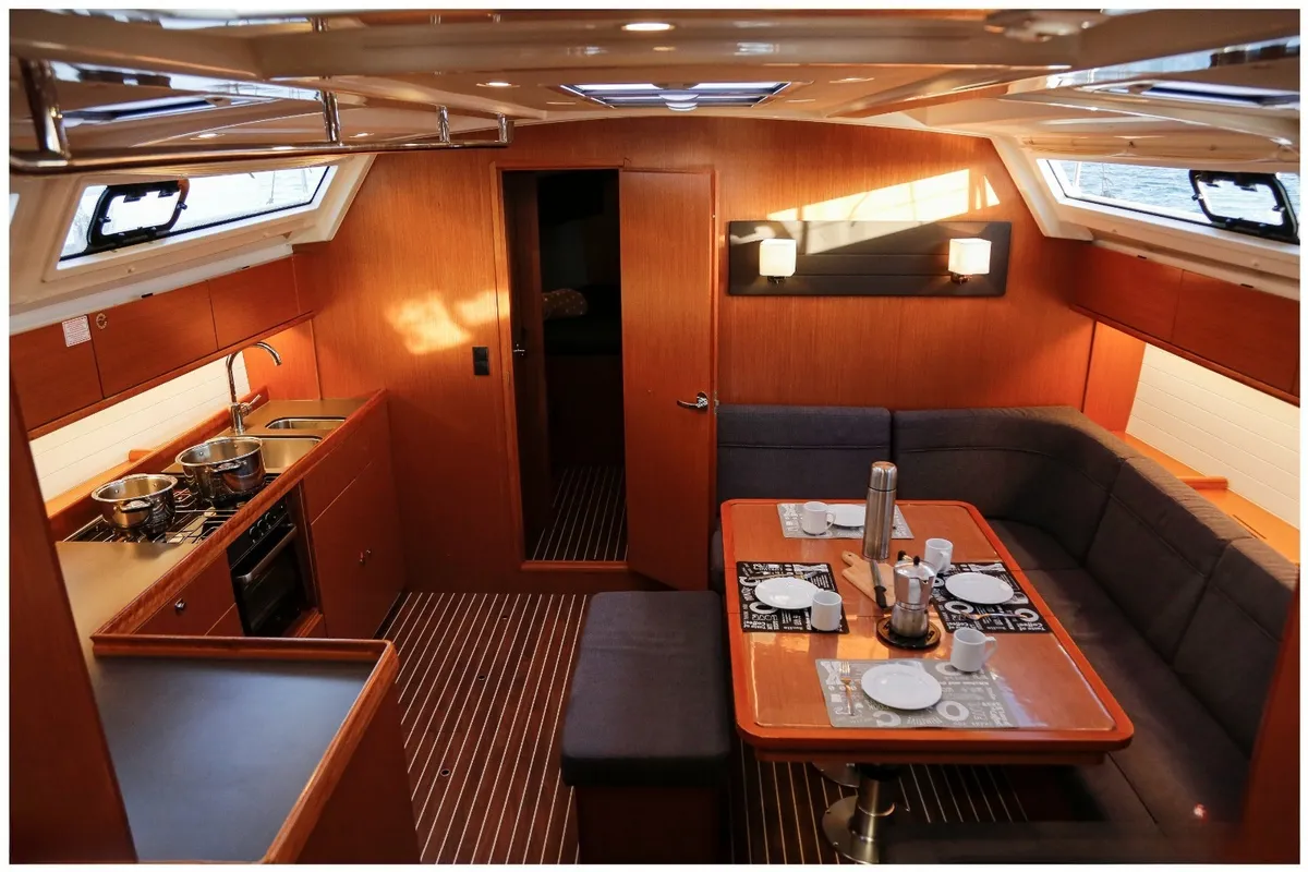 Salon of Tuerredda, a Bavaria Cruiser 46 sailboat at Olbia, Italy