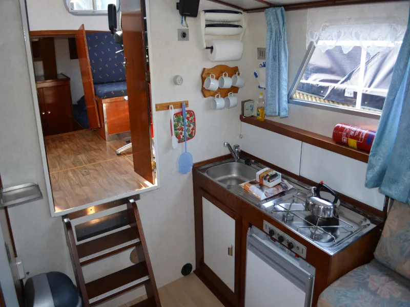 Galley of Perla, a De Drait Doerak 850 AK motorboat at Drachten, Netherlands