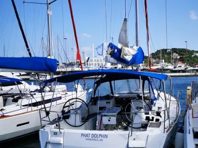 Phat Dolphin, a Jeanneau Sun Odyssey 479 sailboat at Ribishi, Saint Vincent and the Grenadines