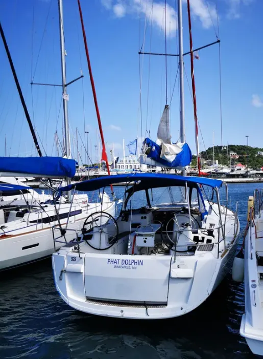 Phat Dolphin, a Jeanneau Sun Odyssey 479 sailboat at Ribishi, Saint Vincent and the Grenadines
