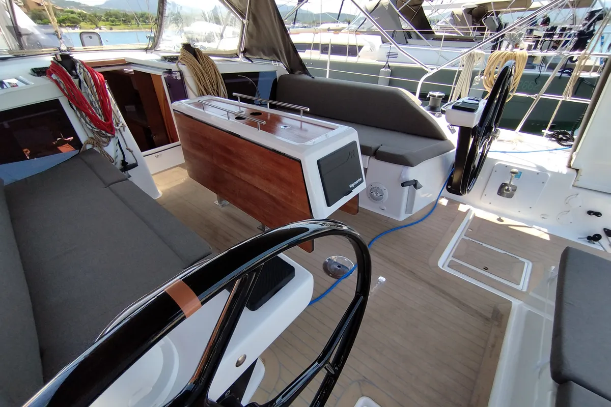 Deck of Thymus, a Dufour 430 sailboat at Olbia, Italy