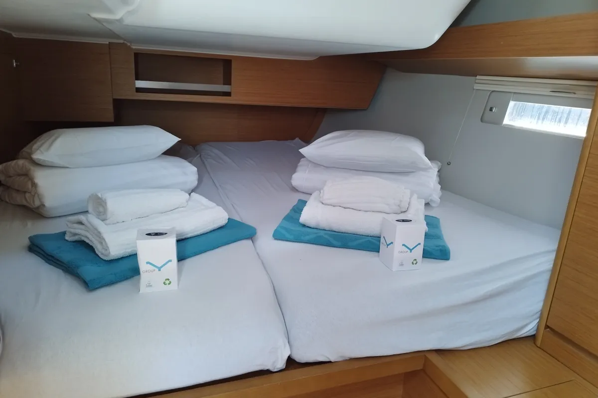 Cabin on Thymus, a Dufour 430 sailboat at Olbia, Italy
