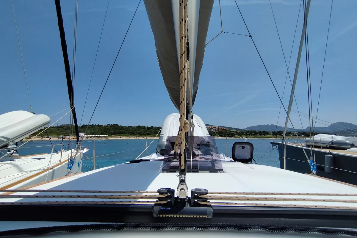 Deck of Thymus, a Dufour 430 sailboat at Olbia, Italy