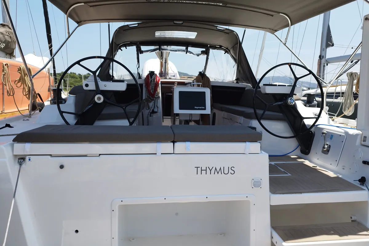 Cockpit of Thymus, a Dufour 430 sailboat at Olbia, Italy