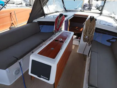 Deck of Thymus, a Dufour 430 sailboat at Olbia, Italy