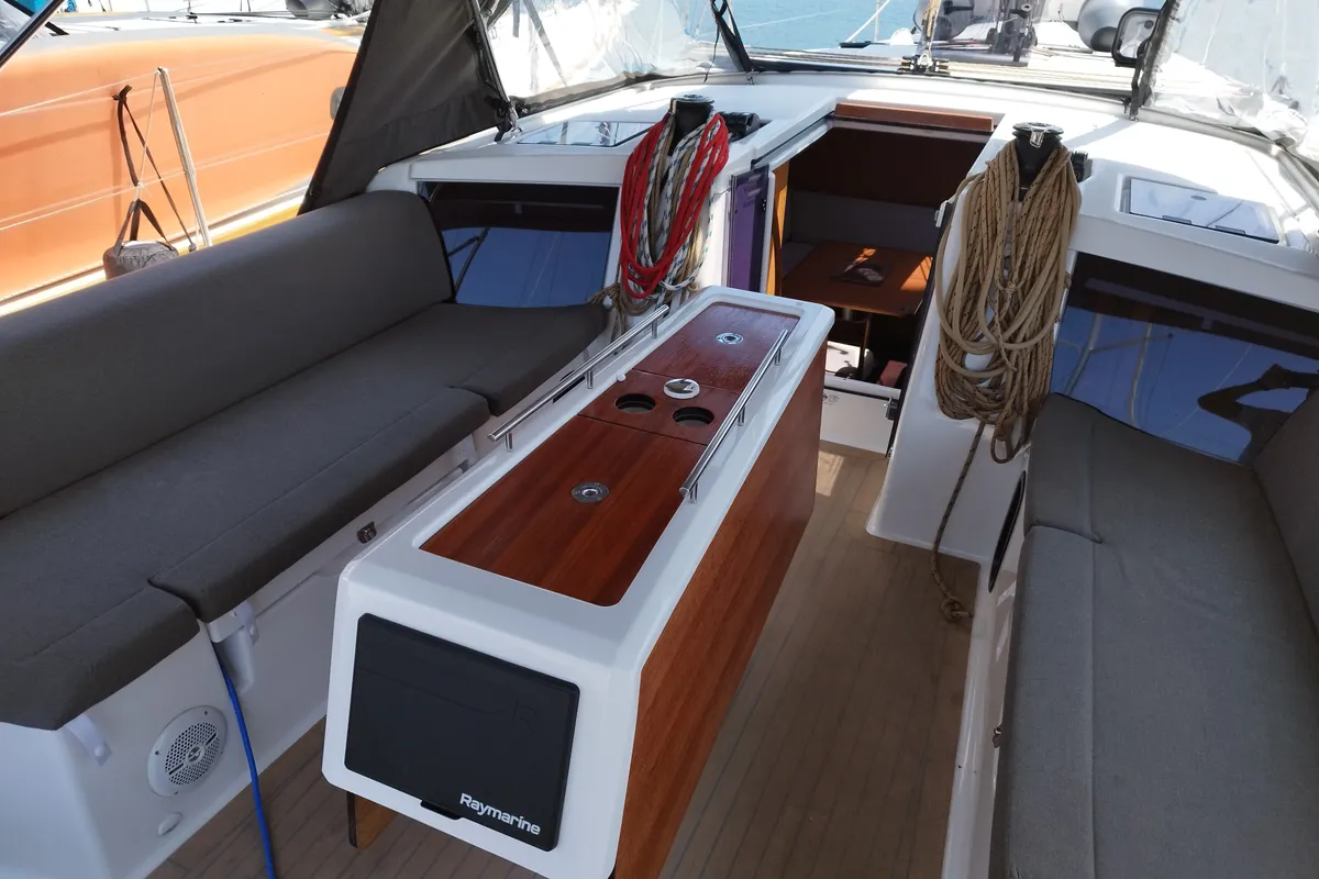Deck of Thymus, a Dufour 430 sailboat at Olbia, Italy