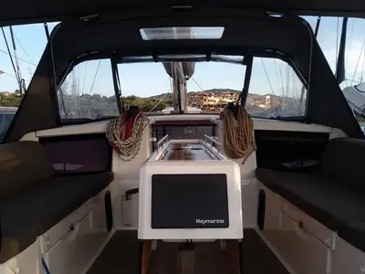 Cockpit of Thymus, a Dufour 430 sailboat at Olbia, Italy