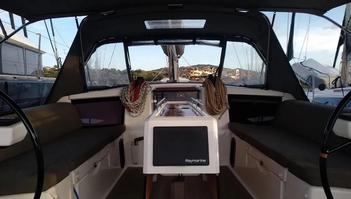 Cockpit of Thymus, a Dufour 430 sailboat at Olbia, Italy