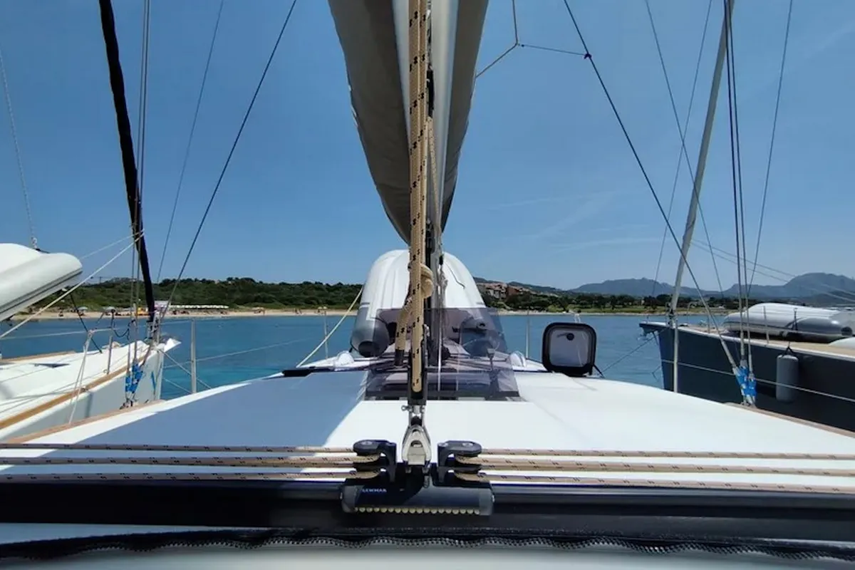 Deck of Thymus, a Dufour 430 sailboat at Olbia, Italy