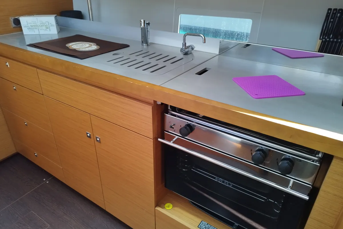 Galley of Thymus, a Dufour 430 sailboat at Olbia, Italy