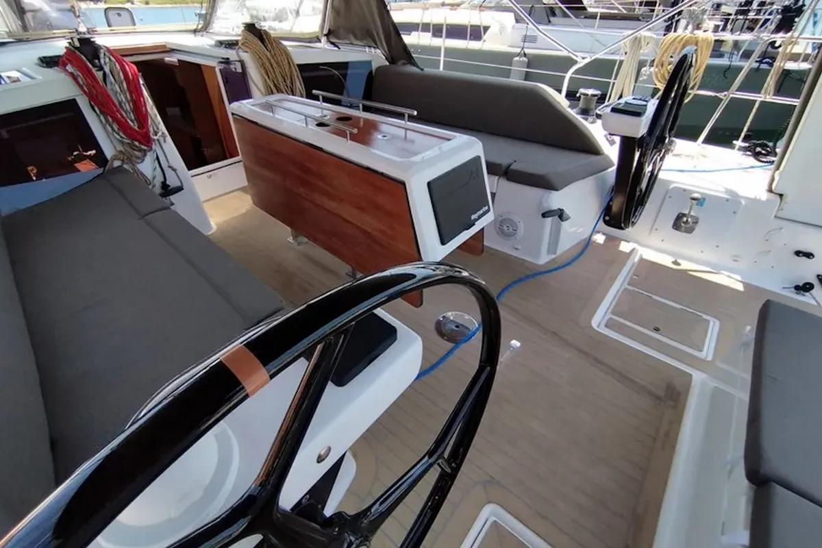 Cockpit of Thymus, a Dufour 430 sailboat at Olbia, Italy