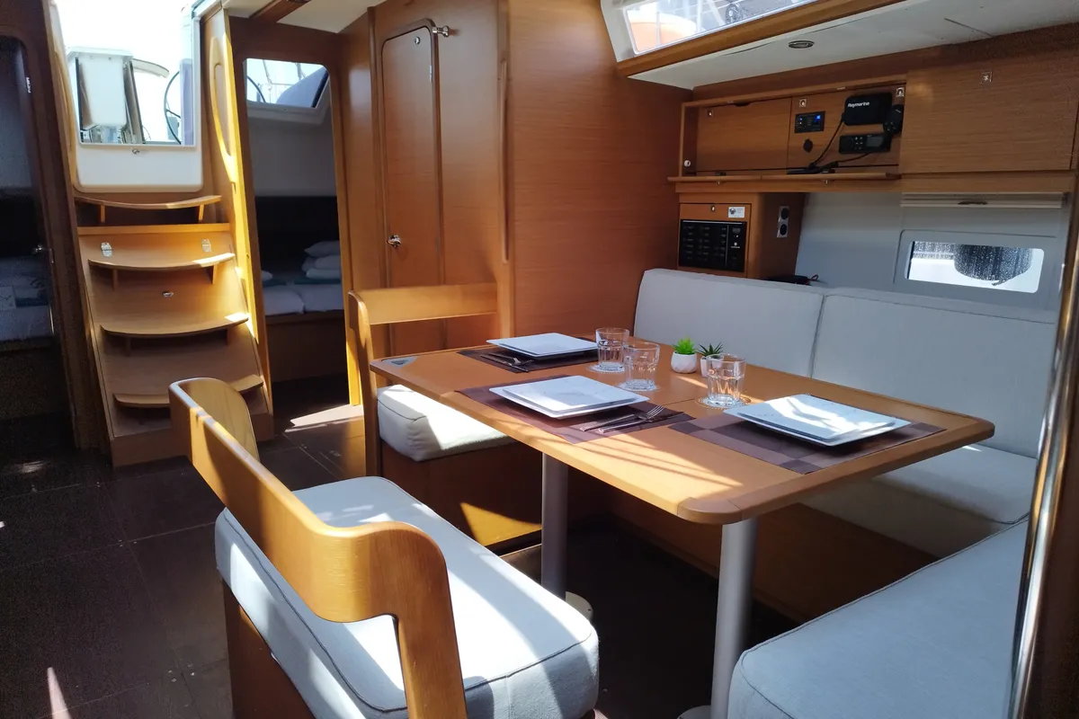 Salon of Thymus, a Dufour 430 sailboat at Olbia, Italy