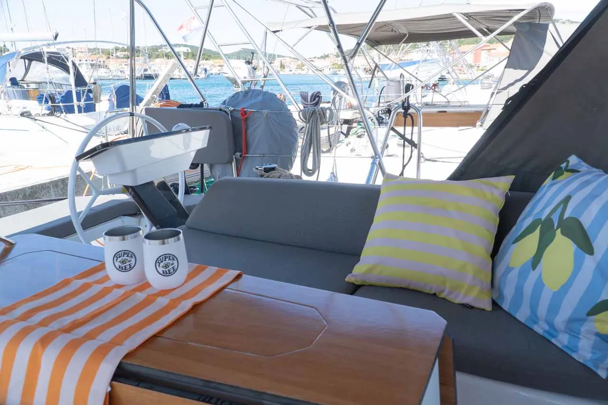 Cockpit of Super Bee, a Dufour 41 sailboat at Jezera, Croatia