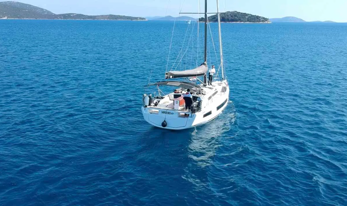 Exterior view of Super Bee, a Dufour 41 sailboat at Jezera, Croatia