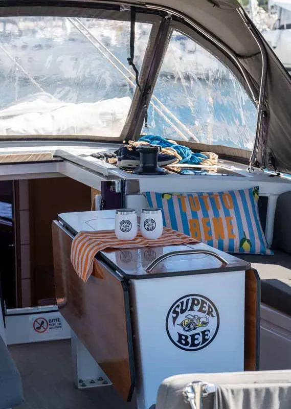 Cockpit of Super Bee, a Dufour 41 sailboat at Jezera, Croatia