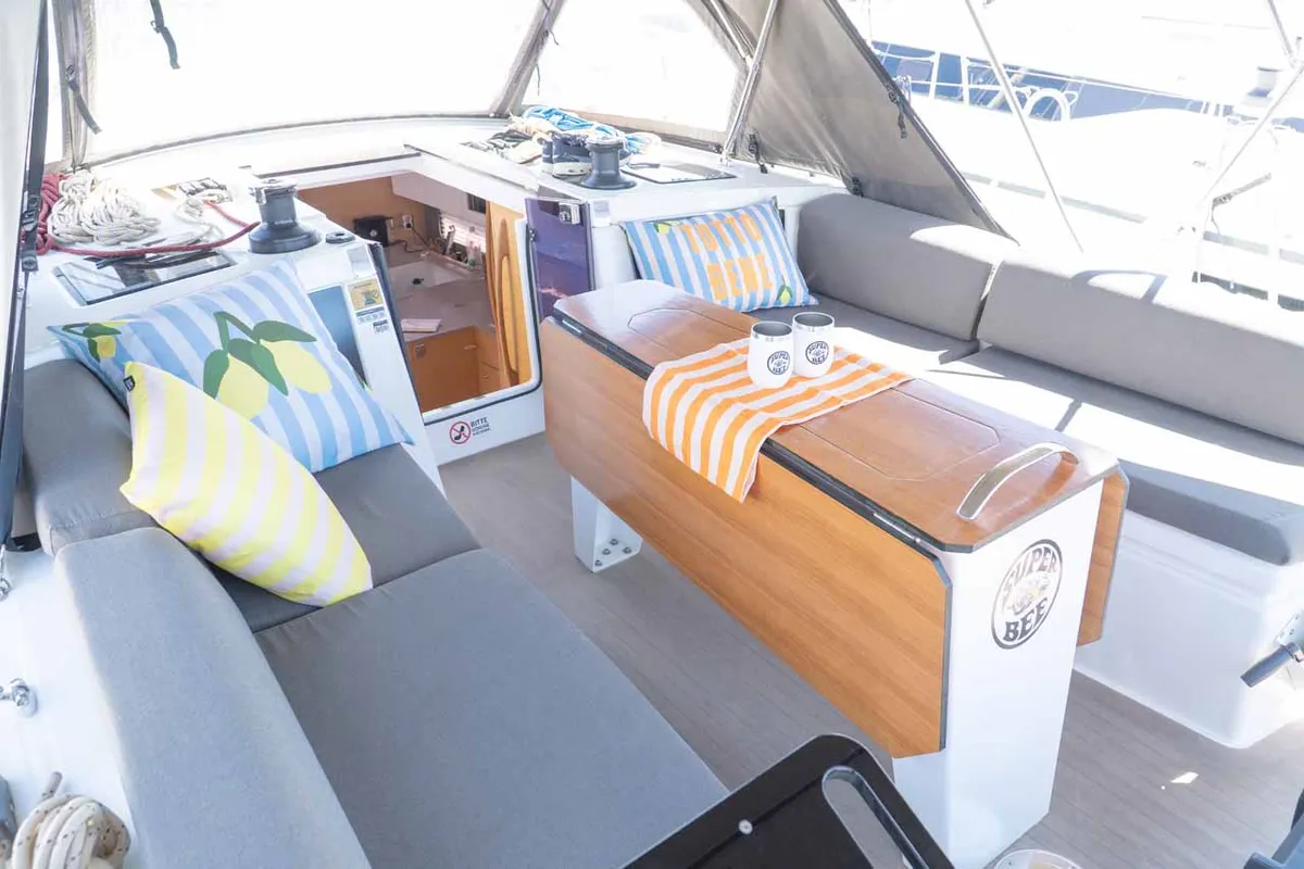 Cockpit of Super Bee, a Dufour 41 sailboat at Jezera, Croatia
