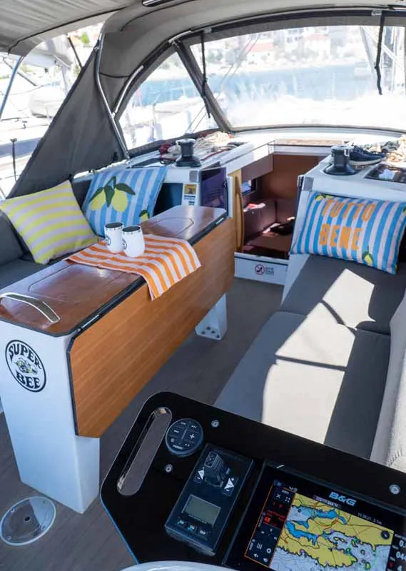 Cockpit of Super Bee, a Dufour 41 sailboat at Jezera, Croatia