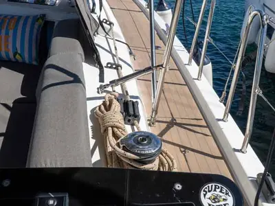 Deck of Super Bee, a Dufour 41 sailboat at Jezera, Croatia