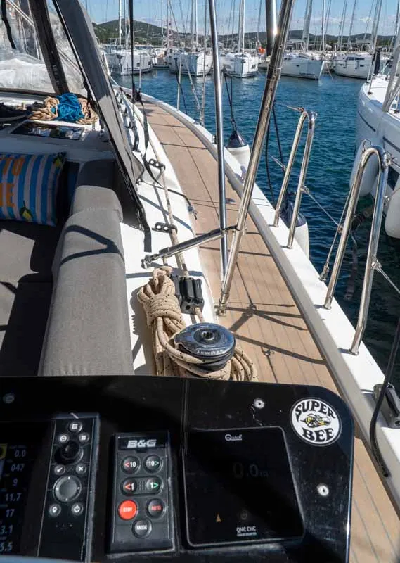 Deck of Super Bee, a Dufour 41 sailboat at Jezera, Croatia