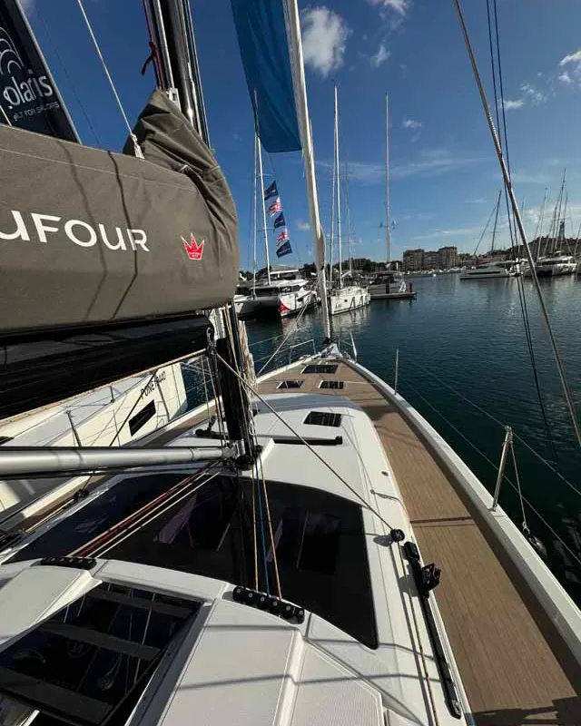 Deck of Super Bee, a Dufour 41 sailboat at Jezera, Croatia