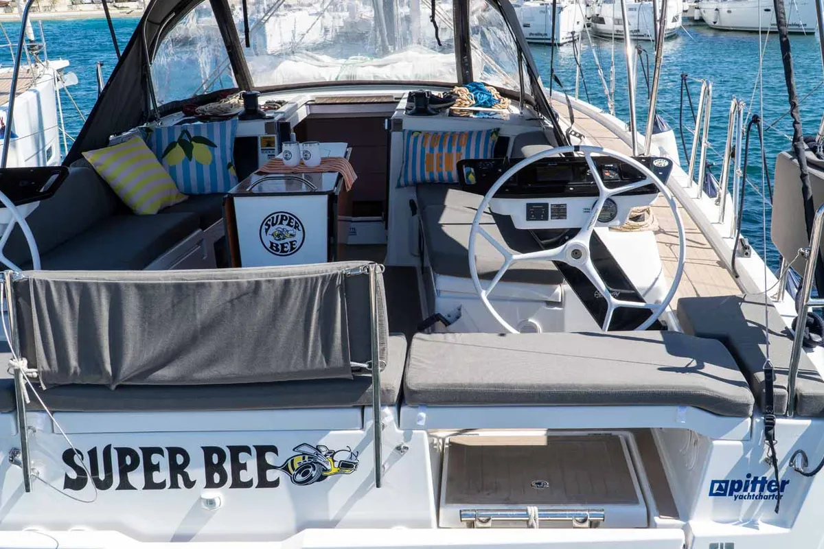 Cockpit of Super Bee, a Dufour 41 sailboat at Jezera, Croatia