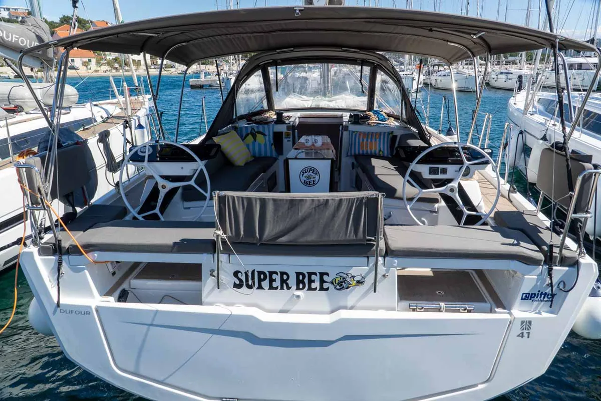 Exterior view of Super Bee, a Dufour 41 sailboat at Jezera, Croatia
